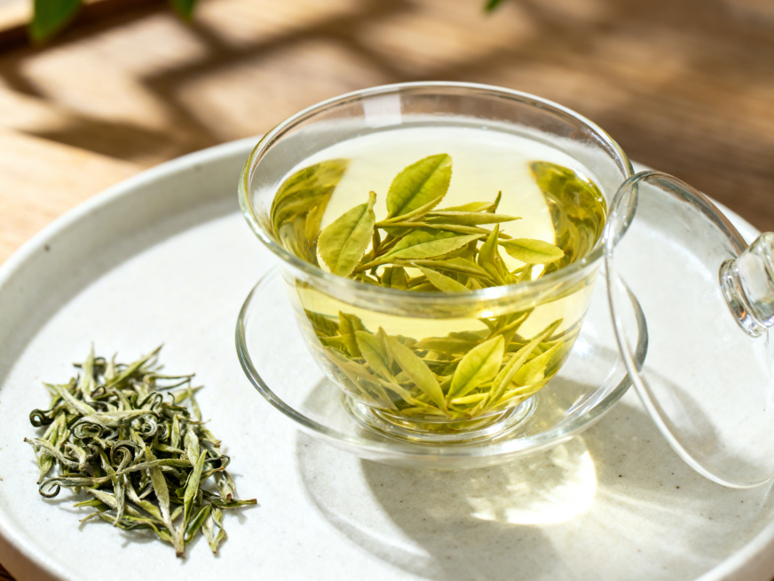 玻璃盖碗中冲泡的安吉白茶，茶汤浅黄清澈，叶底嫩绿匀整，舒展的白茶叶片清晰可见，放置在素白陶瓷茶盘上，旁边搭配少量干燥安吉白茶茶叶，自然光清新茶语风格，简约干净构图预览效果