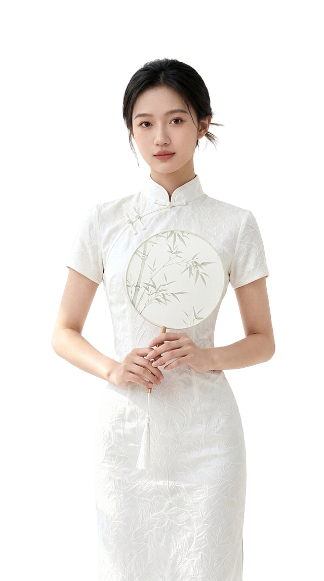 修改团扇，给团扇添加淡雅竹子图案，将团扇移动放置到胸前位置，保证完全不遮挡面部，保持原图整体：真实人像照片质感，年轻优雅中国女性，白色带纹理提花旗袍，全身纯白背景，曼妙身姿