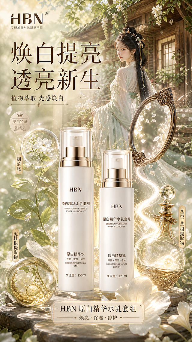 HBN原白精华水乳套组产品DM海报，梦幻童话风格，画面融合古铜镜与魔法药水，国风少女站在枝蔓缠绕的木屋前，植物萃取元素环绕，整体为现实与童话结合的梦幻风格，突出产品焕白提亮功效
