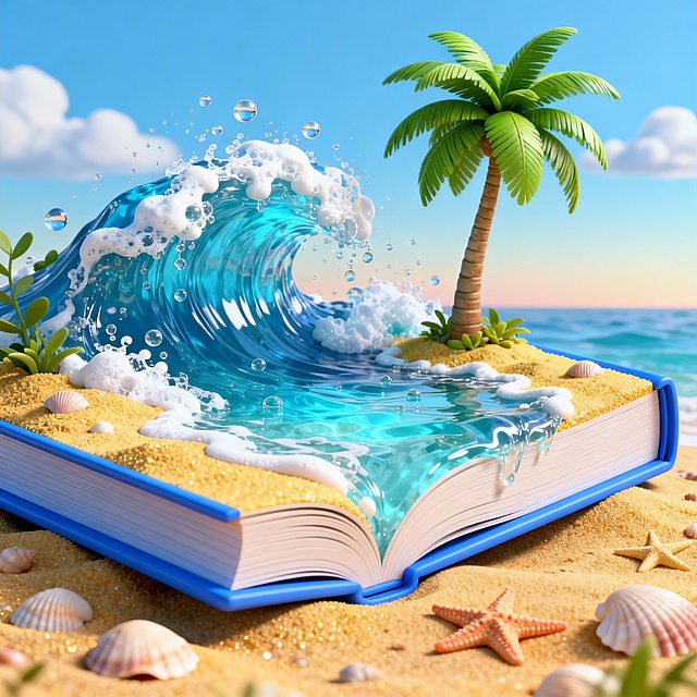 画面中央是一本打开的蓝色书本，书页呈现出立体的3D效果，书本内部是一个完整的海滩世界，清澈的蓝色海水从书页中涌出形成波浪，海浪中有白色的泡沫和飞溅的水珠，金黄色的沙滩上散落着贝壳和海星，一棵绿色的椰子树树干挺拔、树叶茂盛，背景是渐变的蓝色天空，点缀着几朵白云，整体色彩明亮清新，以蓝色为主调，搭配金黄色的沙滩和绿色的植物，梦幻童话般的感觉