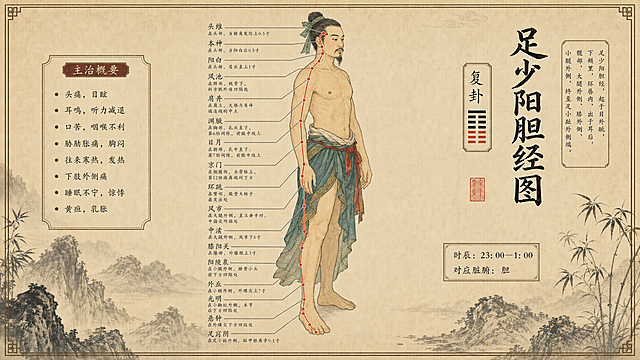 古风中医插画：足少阳胆经图，男性人物站立姿态，经络线从头侧经躯干至足外侧，标注复卦、时辰23:00-1:00、主治概要，淡雅古纸背景