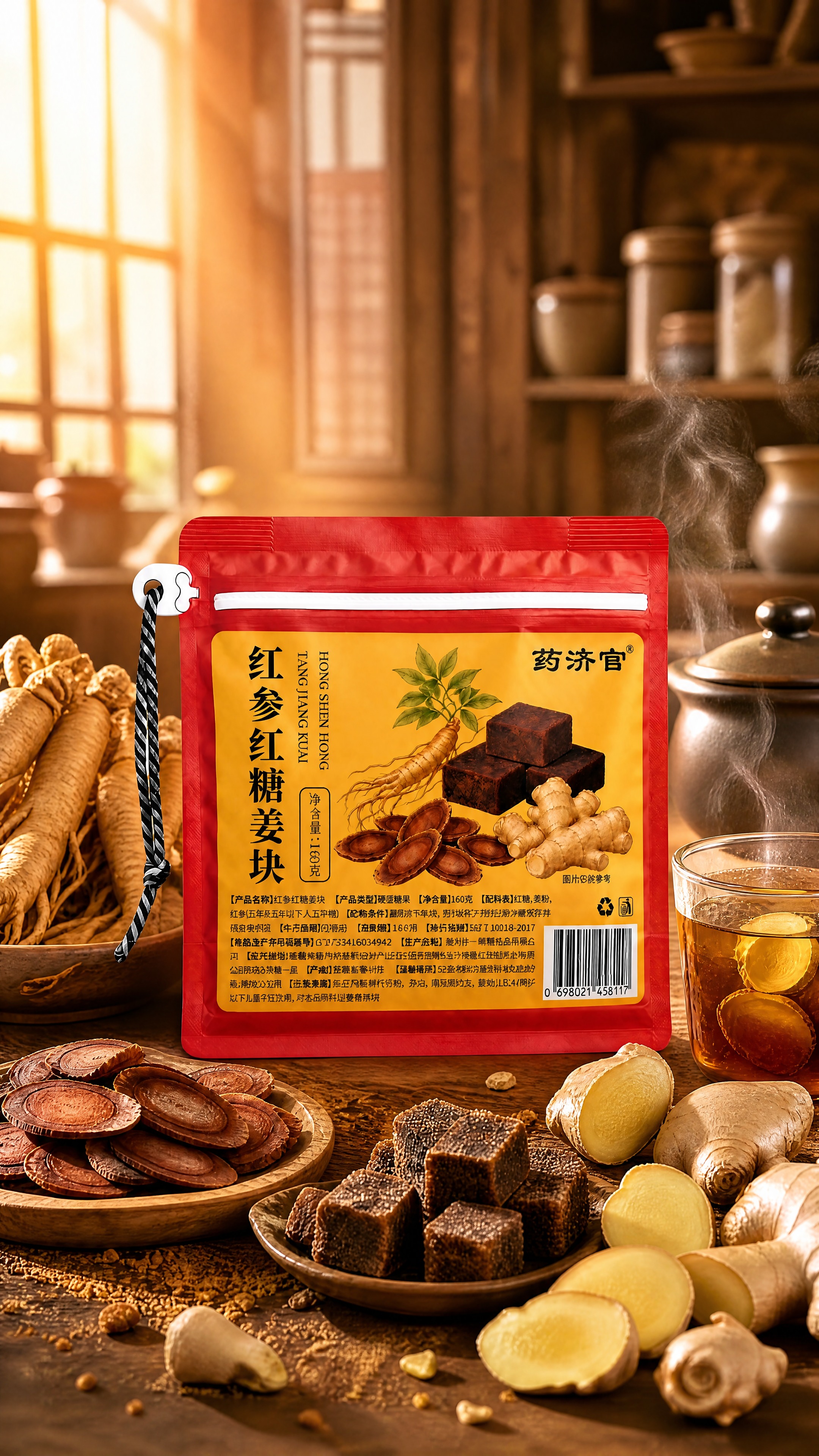超写实食品商业摄影。 主体：红参红糖姜块产品包装袋严格参照上传… - 图片创意预览