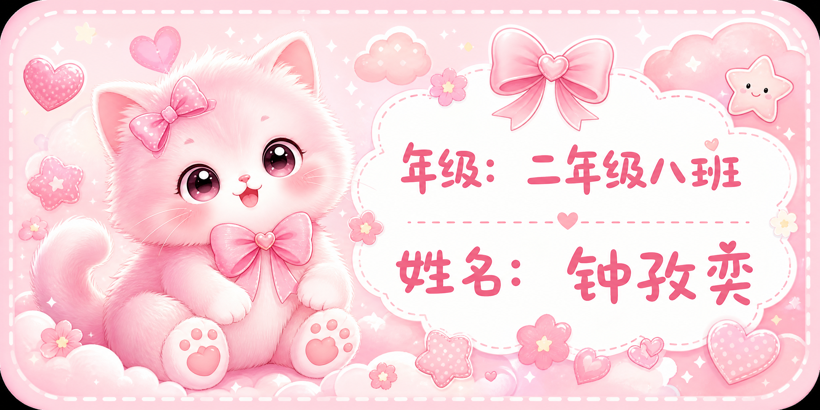 粉色猫咪可爱风格姓名贴设计，画面比例2:1，一只软萌的粉色小猫… - 图片创意预览