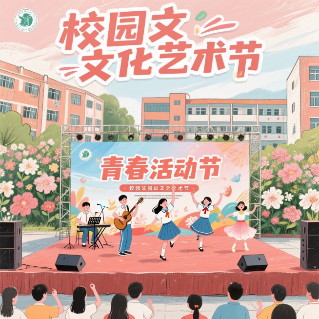 青春活力的校园文化艺术节海报，舞台上有学生在表演乐器和舞蹈，背景是盛开的鲜花和校园教学楼，整体风格活泼手绘，上方有醒目的艺术字标题“校园文化艺术节”预览效果