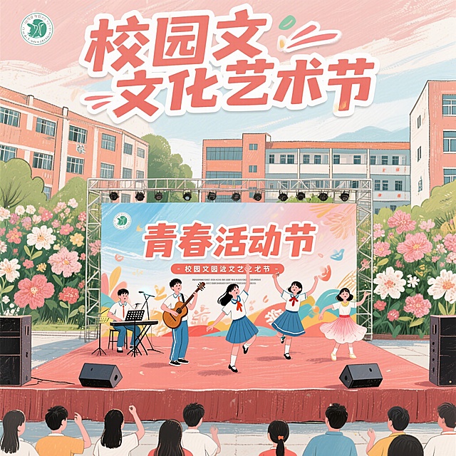 青春活力的校园文化艺术节海报，舞台上有学生在表演乐器和舞蹈，背景是盛开的鲜花和校园教学楼，整体风格活泼手绘，上方有醒目的艺术字标题“校园文化艺术节”
