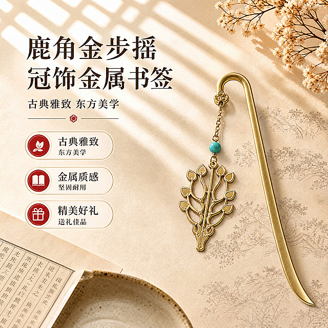 为图中的金属书签增加光影细节，提升金属质感：
1. 书签杆表面增加细腻的金属高光带与暗部过渡，体现金属曲面的立体感和反光。
2. 镂空鹿头吊饰部分增强明暗对比，叶片边缘增加高光，镂空凹陷处增加阴影，突出浮雕质感和层次。
3. 绿松石圆珠增加表面高光点和通透感，体现玉石温润光泽。
4. 祥云挂钩增加金属高光和浮雕细节阴影，更有立体感。
5. 书签整体底部增加柔和自然的接触阴影，使其更贴合背景，有真实放置感。
6. 金属整体呈现哑光磨砂金质感，光影细腻真实。
背景、文字、排版、干花、古籍、陶盘、窗格光影全部保持不变，只优化书签的光影细节和金属质感。