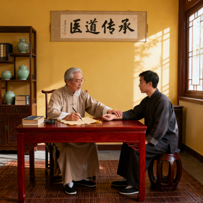 老中医诊室，中医师认真给患者把脉问诊，诊室环境干净整洁充满中式韵味，温暖氛围预览效果
