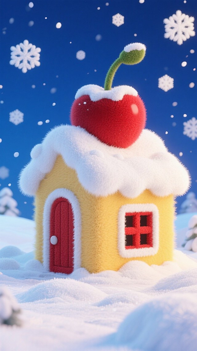 画面中心是黄色小房子（红色门和窗），屋顶覆盖白雪，房顶上有一个巨大的被雪覆盖的红色樱桃，深蓝色天空，周边飘着白色雪花，地面有积雪