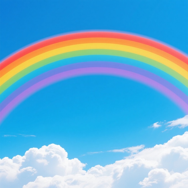 一片广阔的天空，湛蓝的底色上挂着一道绚丽的彩虹，彩虹的颜色鲜艳分明，从外到内依次是红、橙、黄、绿、蓝、靛、紫七种颜色，彩虹下方是洁白的云朵，整体画面明亮、清新、充满希望预览效果