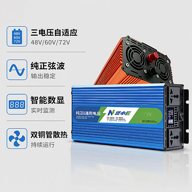 [主图-2] 逆变器核心性能卖点展示图。氛围风格为专业技术风，清晰传递核心优势。画质要求商业摄影质感、产品清晰真实、参数文字锐利可读。元素要求逆变器主体产品居中，保持产品外观（物理结构、材质质感、颜色）与输入产品图一致，杜绝变形色差。左侧竖排参数展示区，右侧主体产品，浅灰色背景。整体信息密度高，层级清晰。光影要求均匀明快布光，突出产品轮廓和参数文字，无明显暗角。配色为背景浅灰，产品蓝橙原色，文字黑色，参数标题蓝色加粗。视角构图为左文右图均衡构图，产品完整展示。文字版式要求左侧竖列依次列出核心参数：三电压自适应 48V/60V/72V、纯正弦波 输出稳定、智能数显 实时监测、双铜管散热 持续运行，每个参数左侧蓝色图标，加粗黑色标题，浅灰色辅助说明。保持文字不遮挡产品主体，清晰易读。比例分辨率1:1比例，文字清晰，画面超高清。负向提示词：变形，水印，文字错乱，产品模糊，背景杂乱