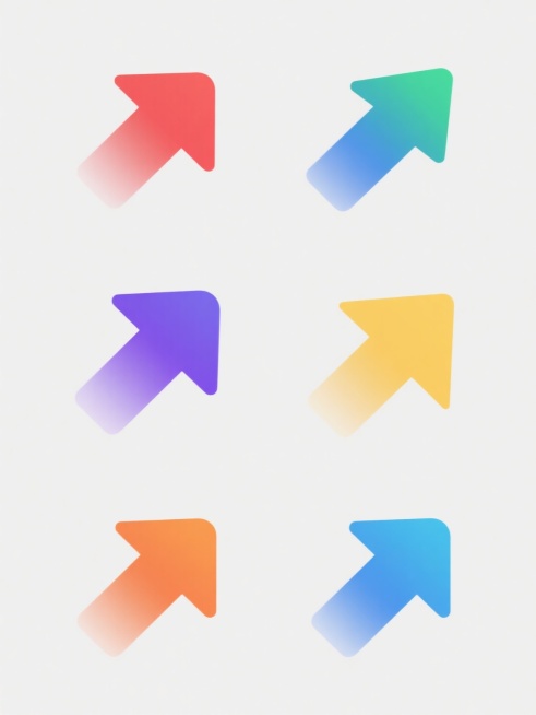 极简风格设计，六个完全不同造型的箭头图标系列素材集合，每个箭头保持简洁的几何形态、平滑无笔触的数字艺术质感和纯色渐变填充，整体色彩基于原图的蓝色渐变但每个箭头变换为不同的主色调（如红色、绿色、黄色、紫色、橙色、青色），所有箭头图标在白色纯色背景上以规整的网格状排布，确保视觉层级清晰、信息传达高效，保持统一的极简设计感和图形元素的纯粹性。预览效果