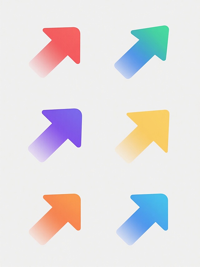 极简风格设计，六个完全不同造型的箭头图标系列素材集合，每个箭头保持简洁的几何形态、平滑无笔触的数字艺术质感和纯色渐变填充，整体色彩基于原图的蓝色渐变但每个箭头变换为不同的主色调（如红色、绿色、黄色、紫色、橙色、青色），所有箭头图标在白色纯色背景上以规整的网格状排布，确保视觉层级清晰、信息传达高效，保持统一的极简设计感和图形元素的纯粹性。