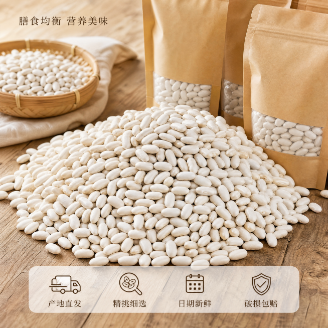[主图-5] 云南高山白芸豆服务承诺展示。
[氛围风格] 农家原生态风格，干净整洁真实可信；
[画质] 商业摄影质感，光线柔和通透，产品清晰真实。
[元素] 散装白芸豆堆放在画面中心，旁边放着农家真空预览效果