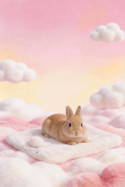 图一放到图二，上面加一只呆萌可爱浅棕色的小兔兔趴在垫子上着看着前方（真实），商业实拍摄影预览效果