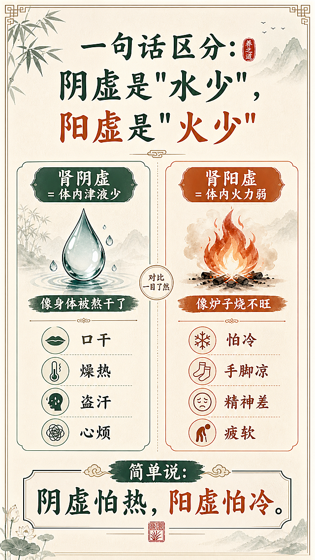 新中式养生风格公众号科普贴图，竖版9:16，温润米白底色配墨绿与赭石点缀色。顶部标题"一句话区分：阴虚是\"水少\"，阳虚是\"火少\""。画面左右分栏对比布局，左侧栏标题"肾阴虚 = 体内津液少"配水滴图形，下方文字"像身体被熬干了"，列出"口干、燥热、盗汗、心烦"；右侧栏标题"肾阳虚 = 体内火力弱"配火焰图形，下方文字"像炉子烧不旺"，列出"怕冷、手脚凉、精神差、疲软"。底部大字号结论"简单说：阴虚怕热，阳虚怕冷。"整体风格简约大气，中医养生质感，左右对比清晰，排版精美，四周留安全边距。画面中所有信息区域必须填充完整合理的内容。