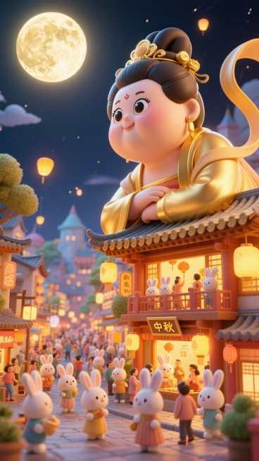 画面呈现金色调：巨人版胖嫦娥（看起来可爱又漂亮，大眼睛）脑袋侧枕着手臂从屋顶后探出，与下面的微缩的小兔国（熙熙攘攘的拟人兔子在繁华的街道过中秋节）互动，非常规的创意构图，中秋节庆的氛围，顶部硕大的月亮预览效果