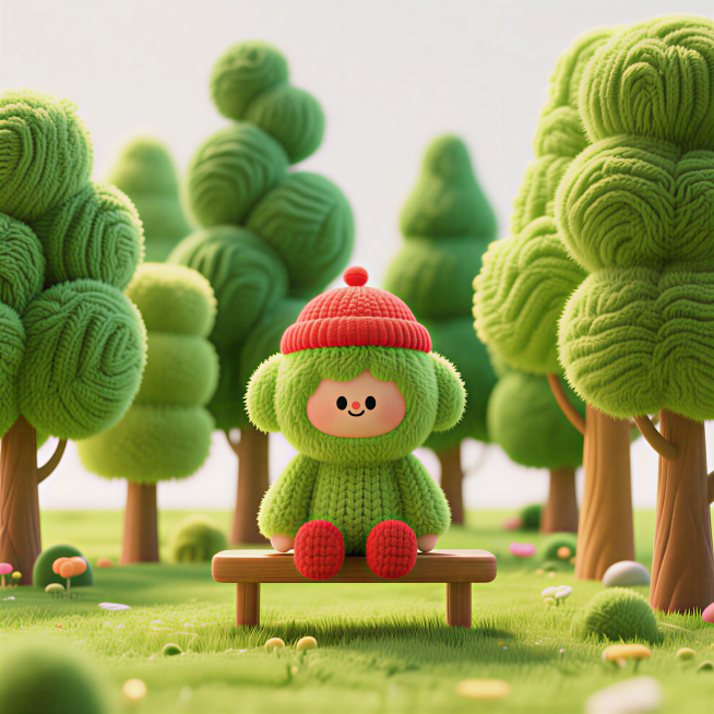 毛线编织风格插画，高低不同、形状各异的树木，大面积的绿色，极细的线条，层次感绿色，肌理丰富，坐在长条凳子上的戴红色帽子的卡通角色，主次分明，情绪铺垫预览效果