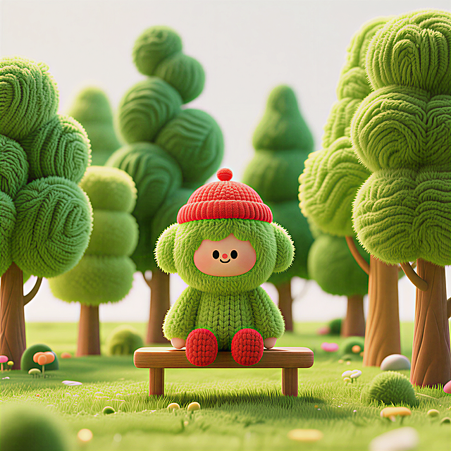 毛线编织风格插画，高低不同、形状各异的树木，大面积的绿色，极细的线条，层次感绿色，肌理丰富，坐在长条凳子上的戴红色帽子的卡通角色，主次分明，情绪铺垫