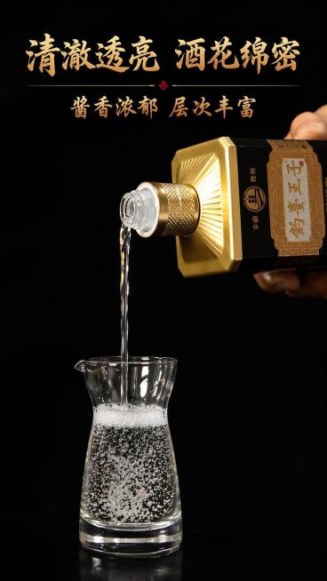 [第3屏] 酒质展示-倒酒细节呈现清澈酒质。本屏使用【图6】作为动作主体图。
[氛围/风格] 微距特写质感，纯净深色背景，突出酒液透明感与挂杯。
[元素布局] 画面中心为倒酒动作，占比约75%，酒线清预览效果