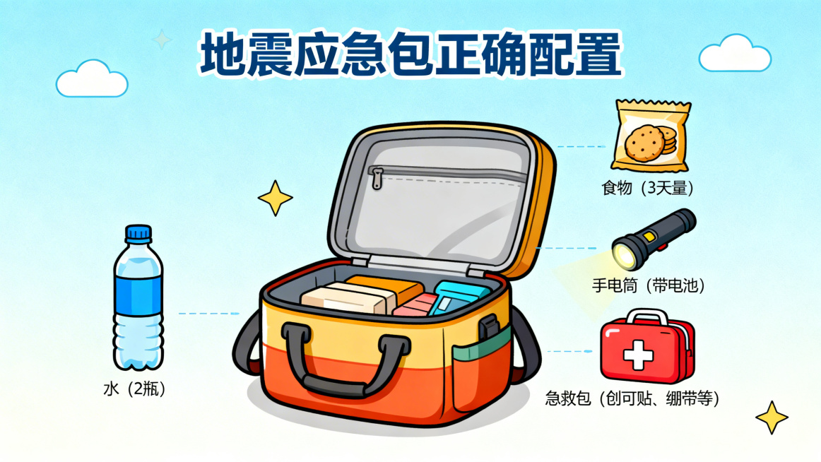 小学生地质灾害科普PPT页，卡通风格，展示地震应急包的正确配置：水、食物、手电筒、急救包等物品的示意图预览效果