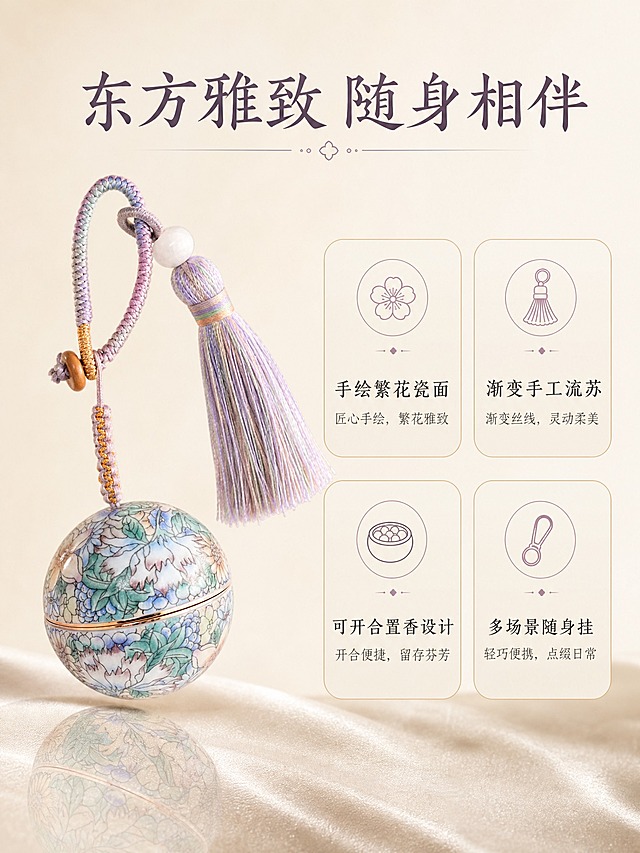 [商品] 使用【图1】骨子里 国风繁花香囊球挂饰；保留球形繁花瓷面、渐变紫粉流苏、编织挂绳、白玉珠、木珠、金边开合缝全部结构与颜色；增强瓷面釉色温润感，流苏丝线更精致。
[画面] 核心卖点页，目标传递四大核心价值；左图右文版式，产品在左侧呈45度斜角展示，主体占比约45%；右侧四个圆角信息卡上下排列，每卡配一个小图标；背景为浅香槟米白纯色，底部有淡淡丝绒纹理；产品下方有柔和倒影。
[视觉] 套系策略：风格=雅致国风高级商业摄影；标题字=书法感宋体衬线体；正文字=简洁细黑体；主色=浅香槟米白；背景延展=基于浅香槟米白做深浅层级与细腻丝绒质感；强调色=淡紫粉，仅用于小面积图标和引线；标题色=深紫灰；正文色=中暖灰；组件=淡金描边圆角信息卡、细线图标、淡紫小点装饰；光影=左前侧暖柔光，产品立体感强，阴影柔和。
[文字] 顶部主标题"东方雅致 随身相伴" 8字，大号书法宋体，居中；下方四个卖点卡横排两列：左上"手绘繁花瓷面"配花朵图标，右上"渐变手工流苏"配流苏图标，左下"可开合置香设计"配香丸图标，右下"多场景随身挂"配挂扣图标；每卡标题+一行小字说明；文字全部横排，字号层级清晰。
[规格] 图片比例3:4竖版，2K，避免变形、错字、文字过小、冷蓝背景、产品颜色改变、结构失真、水印、平台logo。