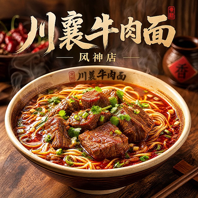 写实商业摄影风格，川襄牛肉面品牌头像设计。画面中央是一碗热气腾腾的正宗襄阳牛肉面，牛肉块大而厚实，汤色红亮诱人，面条根根分明，撒上葱花和香菜，碗边放着一双筷子。碗的上方有醒目的书法字体店名"川襄牛肉面"，下方小字"风神店"。暖色调，红油的光泽和牛肉的质感逼真，蒸汽缭绕增加食欲感。背景为温暖的木质纹理，整体氛围温馨有食欲。没有圆形边框，方形构图，画面饱满。超高清，食物写真质感，细节丰富。