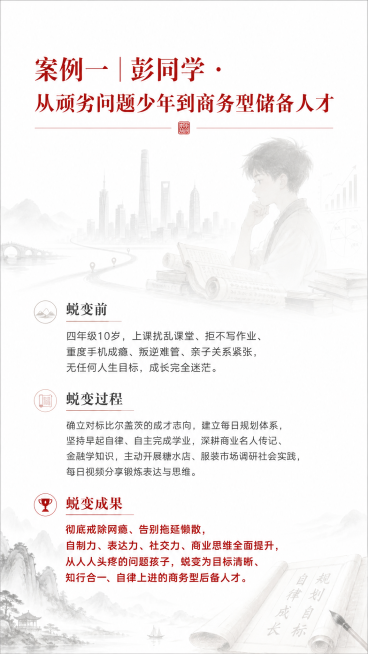 H5第五页蜕变案例，古风书香水墨意境风格，整体庄重教育高级简约，背景为少年思考商务视野城市格局少年规划，透明度80%，低饱和度，不遮挡文字，纯白色底色，标题朱砂红，痛点灰色，成果红字加粗，文字全文："预览效果