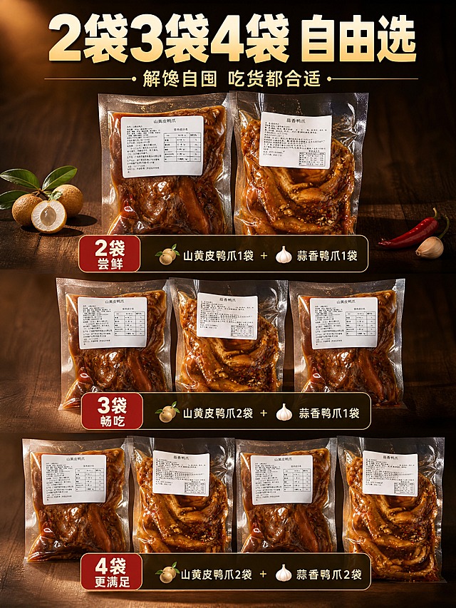 [商品] 使用【图5】山黄皮鸭爪包装袋、【图6】蒜香鸭爪包装袋；保留包装袋透明质感、标签文字内容、袋内鸭爪形态与酱汁颜色；增强包装立体感和酱汁通透感，不改变标签信息。
[画面] 目标：套餐规格清晰展示，2袋/3袋/4袋怎么买一目了然。构图：三档套餐横向排列对比，从上到下依次展示2袋、3袋、4袋组合。主体占画面70%。每档套餐用包装袋实物堆叠呈现，下方对应规格标签卡。景别：中景全景。阅读动线：从上到下逐档对比。前中后景：前景规格卡片、中景包装袋组合、后景深色渐变背景。
[视觉] 套系策略：风格=大师级美食商业摄影，强食欲感，暖调光影；标题字=粗黑体+轻微圆角，厚重有力；正文字=简洁无衬线体，清晰易读；主色=酱红棕+暖橙；背景延展=深棕色渐变背景+细腻木质纹理暗角，同色系深浅层级；强调色=辣椒红，仅用于小面积标签、图标和高亮；标题色=米白色+暖橙渐变；正文色=浅米黄；组件=圆角半透明深色信息卡、细线引线、辣椒/山黄皮小图标；光影=左前侧45度暖柔光，包装高光自然，阴影有层次。
[文字] 顶部主标题「2袋3袋4袋 自由选」，副标题「解馋自囤 吃货都合适」。每档套餐下方卡片标注「2袋尝鲜」「3袋畅吃」「4袋更满足」及对应口味搭配说明。文字横排，字号保证手机端清晰可读。
[规格] 图片比例3:4竖版，4K分辨率，负向提示：避免变形、错字、文字过小、包装文字错乱、冷蓝背景、低画质。