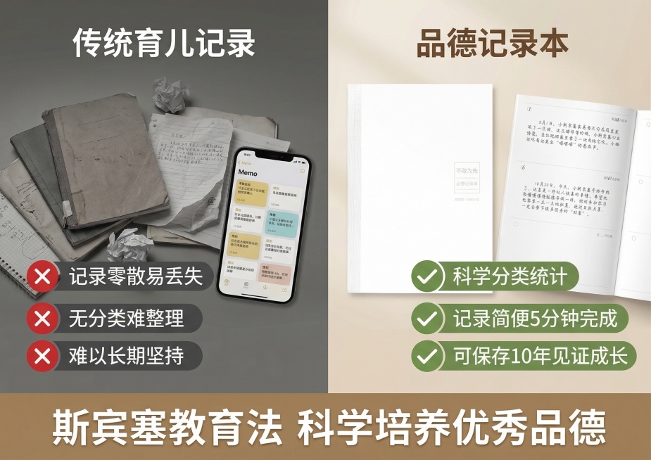 品德记录本对比测评图，分栏对比布局，中间有明显分割线。左侧'传统育儿记录'区域色调灰暗，展示零散笔记本、手机备忘录杂乱堆放，标注痛点：'记录零散易丢失''无分类难整理''难以长期坚持'，配红色叉号。右预览效果