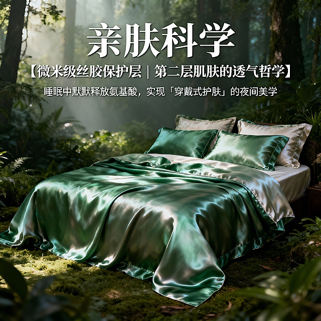 现在我的需求是作为电商设计人要求有平铺展示员，要做一套真丝床品四件套的电商套图。其中包括主图4张，详情页6张。 产品图片：平铺展示、铺床效果图、细节特写（凸显出真丝材质、暗里花纹）。图片场景为森林系背景下的奢华床品，目的是为了凸显出材质100%的天然成分。分辨率建议不低于800×800像素。

  ◦ 文案信息大标题为：亲肤科学

【微米级丝胶保护层 | 第二层肌肤的透气哲学】

保留天然丝胶蛋白膜，形成0.1毫米的呼吸调节层。冬暖夏凉，湿度平衡，如同肌肤的「天然湿度管理系统」，整夜保持舒爽柔滑。触觉轻柔唤醒
    ▪ 产品卖点：睡眠中默默释放氨基酸，实现「穿戴式护肤」的夜间美学。 材质精粹

【19姆米6A级桑蚕丝 | 织物中的软黄金】

每一寸面料，皆源自北纬30°黄金蚕桑带的6A级双宫茧。19姆米的厚重质感，触手可温润，垂坠如流泉，是时间与自然共织的「软黄金」。

    ▪ 产品参数：沿袭非遗苏绣的「平、齐、细、密」工艺，每30厘米达72针的微绗缝，让丝胎如云朵般均匀贴合，不起团、不滑移，材质：100%棉”、“尺寸：1.5m/1.8m床适用”。