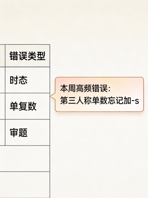 模拟飞书文档界面（无logo）：左侧表格列“错误类型：时态/单复数/审题”，右侧自动弹出提示框“本周高频错误：第三人称单数忘记加-s”，整体界面简洁、字体清晰。预览效果