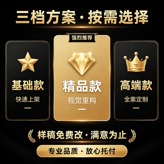 [主图3] 淘宝主图-三档套餐选择。正方形1:1比例。
[氛围/风格] 干净利落高端黑金风，主推套餐醒目突出。
[元素布局] 顶部放标题，中间横向排列三张套餐卡片，中间主推卡片宽度更大更突出，底部放置保障文案和按钮；三个卡片横向分布均衡，间距合适不拥挤。
[光影质感] 香槟金文字和图标明暗层次清晰，中间卡片用香槟金色底反白文字突出显示，左右卡片为深底金字，对比清晰不突兀。
[配色色系] 全局底色 #121212 深黑；主色香槟金色；文字黑白对比清晰。
[视角构图] 上下排版，横向三卡布局，中心主推，左右对称平衡。
[文字版式] 顶部大标题「三档方案·按需选择」，香槟金字；左卡：图标五角星，标题「基础款」，小字「快速上架」；中卡（主推更大）：图标钻石，标题「精品款」，小字「视觉重构」，香槟金底反白字突出；右卡：图标皇冠，标题「高端款」，小字「全案定制」；底部保障文字「样稿免费改·满意为止」，最底部按钮文字「专业品质·放心托付」；字体商务粗黑体，文字大小层级清晰，全部清晰可读。
[比例分辨率] 1024x1024 1:1正方形，4K分辨率，文字清晰可辨，高清画质。
[负向提示词] 卡片比例失衡，文字错乱，主推不突出，文字过小，排版拥挤，水印