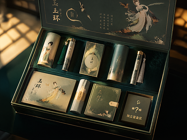 古典美学与现代工艺融合，金属质感礼盒搭配传统仕女图，3D立体呈现，霓虹灯风点缀，虚拟现实元素隐现，赛博朋克风格演绎东方韵味。