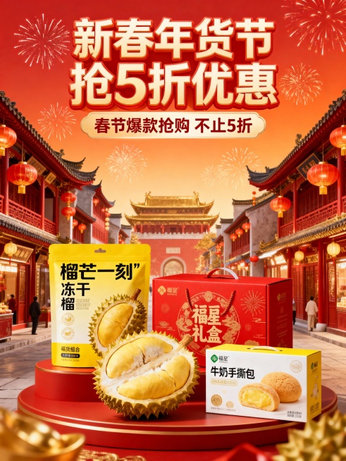 “新春年货节・抢 5 折优惠” 美食促销海报，核心元素：“榴芒一刻” 年货组合（冻干榴莲包装、福星礼盒、牛奶手撕包）、红金中式街巷背景（饰灯笼、建筑）；文字布局：顶部 “抢 5 折优惠”“新春年货节”预览效果
