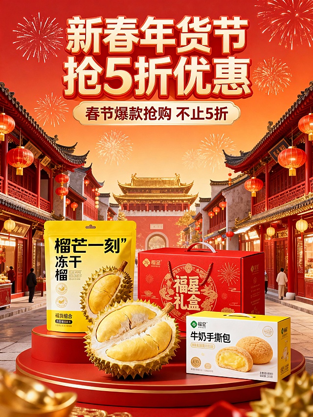 “新春年货节・抢 5 折优惠” 美食促销海报，核心元素：“榴芒一刻” 年货组合（冻干榴莲包装、福星礼盒、牛奶手撕包）、红金中式街巷背景（饰灯笼、建筑）；文字布局：顶部 “抢 5 折优惠”“新春年货节” 主标题、中部 “春节爆款抢购 不止 5 折” 标语，背景红橙渐变 + 烟花点缀。构图：年货组合居画面中下部作视觉焦点，促销文字叠于上部强化信息，街巷场景铺底烘托年味，视觉热闹且突出产品。色彩：正红 + 鎏金 + 产品包装黄 / 白为主，色调浓郁喜庆。风格：新中式年味 + 美食促销风，元素质感饱满（年货包装细节、街巷场景层次、背景氛围装饰），传递新春年货节 5 折优惠的促销吸引力与热闹氛围。