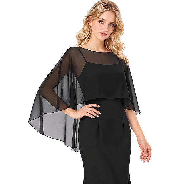 Replace the champagne chiffon cape shrug and white dress with the black chiffon cape shrug and matching black slip dress from the 7th reference image, keep the same model, front view pose, and plain pure white background, one hand on hip, studio soft lighting, realistic commercial product photography, 1:1 square composition, Amazon e-commerce main image, ultra clear