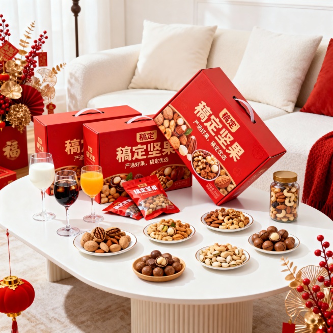 真实摄影图像，客厅室内空间，奶油风，客厅茶几上摆放着坚果礼盒组合，坚果礼盒有三种样式，这三个坚果礼盒在视觉中心并形成前后错开放置，右侧有一个礼盒呈打开的姿势，并向镜头倾斜，展示礼盒内部样貌，茶几左侧，预览效果