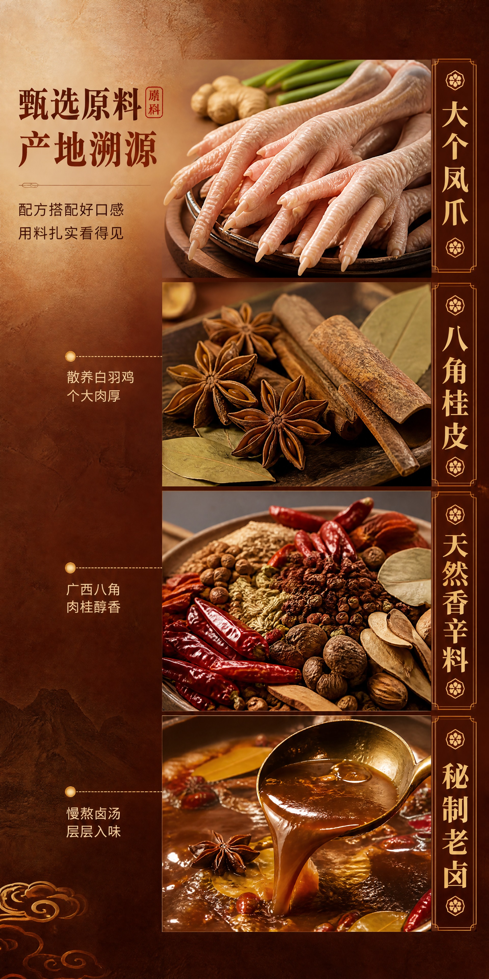 [商品] 虎皮凤爪原料成分展示页，包含大个凤爪原料、八角、桂皮… - 图片创意预览