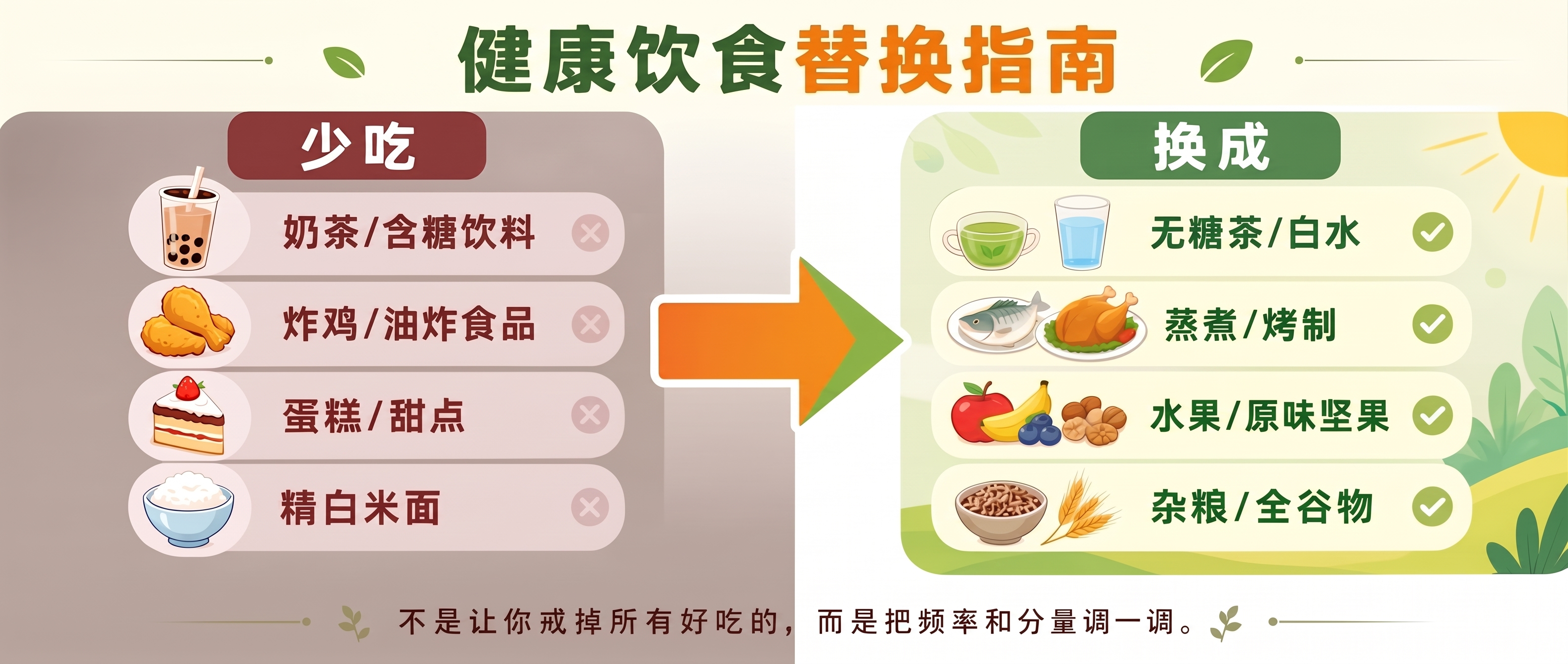 “健康饮食替换指南”字体太大了，变成现在的2/3大小 - 图片创意预览