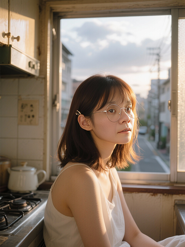 胶片质感的东亚风厨房场景，暖光洒落，营造出柔和舒适的文艺氛围，光影交错间尽显生活静谧之美。