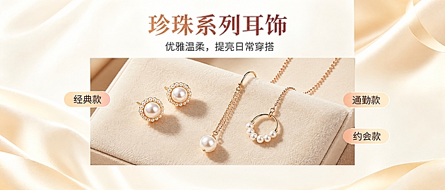 将图片调整为950x400像素的横版轮播图，保持原有的珍珠系列耳饰展示和'珍珠系列耳饰 优雅温柔，提亮日常穿搭'文字内容及经典款通勤款约会款标签，米白色丝绸背景，整体横向布局，风格保持不变