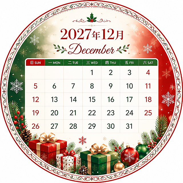 2027年12月圆形日历设计，整体为正圆形构图，圆形内包含完整的12月日历。顶部显示"2027年12月"和"December"中英文月份标题，字体优雅。日历部分：星期从周日到周六排列，日期数字清晰工整，12月1日是星期三，12月有31天。圆形背景采用节日的红绿色调，带有圣诞元素、雪花和礼物盒装饰，边缘有精致的圆形花纹边框。整体风格简约现代、清新雅致，高清细节，适合打印和数字使用。
