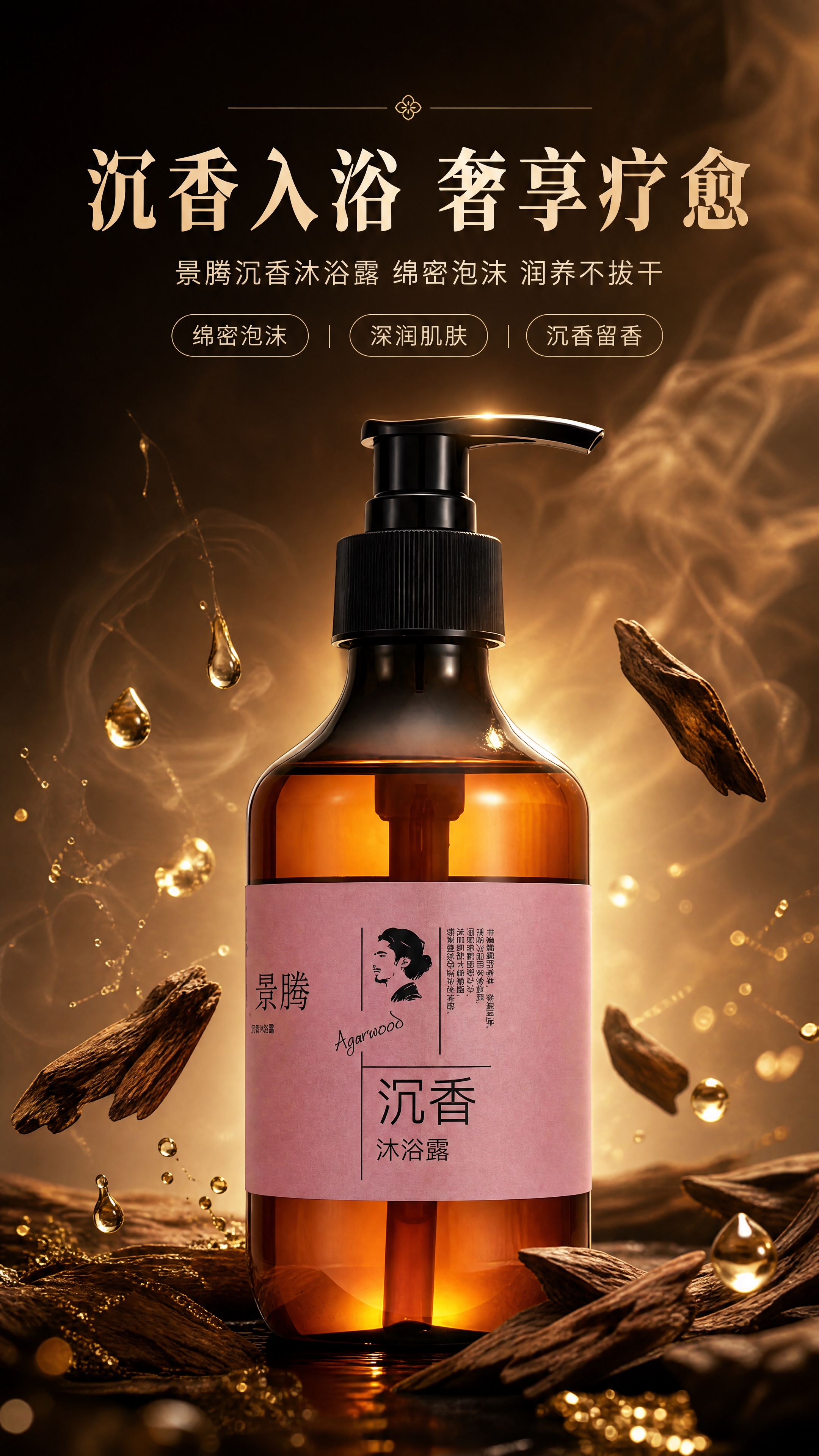 [商品] 使用【图1】景腾沉香沐浴露；保留琥珀棕玻璃瓶身、黑色… - 图片创意预览