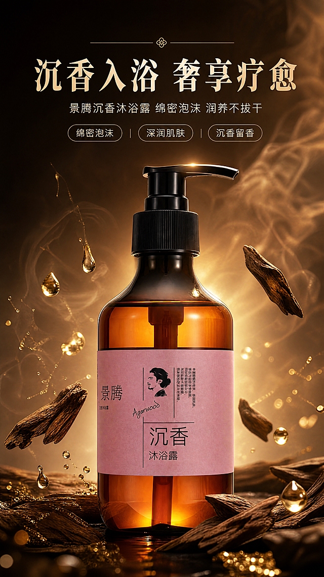 [商品] 使用【图1】景腾沉香沐浴露；保留琥珀棕玻璃瓶身、黑色按压泵头、粉色标签上的"景腾""沉香沐浴露""Agarwood"字样及人物头像图案，保留瓶身结构比例和材质质感，标签文字清晰可辨。
[画面] 目标：高端东方香氛美感头图海报。构图：产品居中偏下，瓶身占画面约55%，微微仰视角度；前景漂浮沉香木片与金色精油液滴，中景产品主体，背景为深棕到暖金的渐变烟雾质感，上方留白放主标题；阅读动线从上到下。前中后景三层：前景沉香木+金箔粒子，中景沐浴露瓶身，后景暖光烟雾。
[视觉] 套系策略：风格=东方轻奢高端商业摄影，新中式香氛美学；标题字=宋体衬线粗体，东方雅致；正文字=简洁无衬线体；主色=沉香棕+暖金；背景延展=深棕到琥珀金的渐变烟雾、木质纹理、柔光光晕；强调色=鎏金色，仅用于小面积图标、引线和高光点缀；标题色=暖金/米白；正文色=浅米白/暖棕灰；组件=细线引线、圆角半透明信息卡、中式分割线；光影=侧上方暖柔光，瓶身通透有高光，背景朦胧光晕。
[文字] 画面上方主标题"沉香入浴 奢享疗愈"，副标题"景腾沉香沐浴露 绵密泡沫 润养不拔干"；下方3个短卖点胶囊："绵密泡沫""深润肌肤""沉香留香"；文字均为横排，不遮挡瓶身标签和主体。
[规格] 图片比例9:16竖版，4K，负向提示：避免变形、错字、文字过小、冷蓝背景、瓶身颜色改变、标签文字错乱、白底极简。