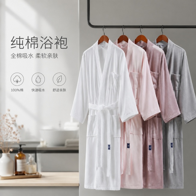 「图片1」，生成电商主图（1张），商品名称是浴袍，卖点是百分百纯棉，吸水柔软，风格是酒店家居，适配淘宝/天猫平台，主图比例为1:1预览效果