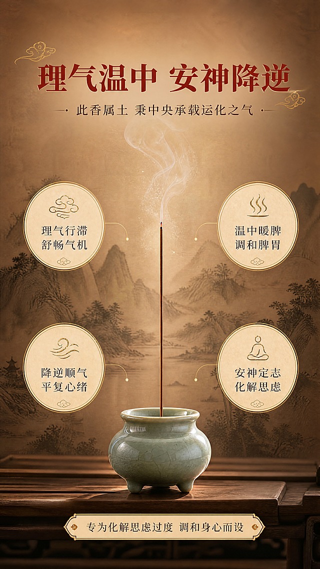 [商品] 使用【图2】线香燃香场景；保留线香形态颜色；商品处理：线香点燃带轻烟，增强安神氛围，不改变主体形态。
[画面] 目标：功效与适用人群说明，传递调和身心价值。构图：中心对称式，中央青瓷香炉中燃香，青烟袅袅上升形成柔和光晕；四周分布4个圆形功效图标区域；背景为暖棕色渐变，搭配水墨山水意境远山；前景香炉，中景青烟，远景山水；产品占画面约30%。
[视觉] 套系策略：风格=东方宫廷雅致国风商业摄影；标题字=宋体衬线粗体（书法感）；正文字=简洁宋体；主色=故宫红+深木棕；背景延展=基于深木棕做深浅层级、同色渐变和细腻木纹/宣纸质感；强调色=烫金色，仅用于小面积图标、引线、标签和装饰线条；标题色=故宫红/烫金；正文色=深棕灰；组件=圆角米白宣纸信息卡、细金线引线、祥云纹样点缀；光影=左前侧暖柔光，侧逆光勾勒轮廓，营造静谧禅意。
[文字] 上方主标题"理气温中 安神降逆"，副标题"此香属土 秉中央承载运化之气"，四周4个功效点分别为"理气行滞 舒畅气机""温中暖脾 调和脾胃""降逆顺气 平复心绪""安神定志 化解思虑"；底部小字"专为化解思虑过度 调和身心而设"；全部文字横向排版。
[规格] 图片比例9:16竖版，4K分辨率，避免变形、错字、文字过小、冷蓝/蓝灰背景、医疗化表述、药品功效承诺、人体器官图示。