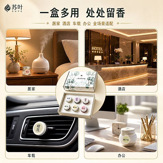 [主图-4] 多场景使用展示 香氛适用场景拼图。
[统一基调] 整体风格为高级香氛礼盒质感，背景主色为浅米白+淡金渐变，标题字色为深墨绿，辅助字色为暖金色，强调色为金棕色，字体为干净优雅的非衬线体，字号层级分明，卡片和图标采用细金边圆角样式，整体传递专业、品质、纯净的香氛品牌感。左上角放置苏叶品牌Logo。
[画面] 画面采用2x2宫格场景拼图形式，四个圆角场景框分别展示不同使用场景：左上是居家卧室场景（床头柜上香薰机+柔和暖光），右上是酒店大堂场景（高端酒店前台区域+香氛氛围），左下是车载场景（汽车出风口香氛夹），右下是办公桌面场景（简约办公桌+香氛摆件）。每个场景框下方标注场景名称。画面中央偏上位置放置缩小的调香礼盒作为产品核心，连接四个场景。画面顶部为大标题区域。
[光影质感] 每个场景都有真实自然的光影，居家场景暖光温馨，酒店场景高端大气，车载场景明亮干净，办公场景简约清爽。礼盒部分保持统一柔光质感，整体3D渲染级真实感。
[配色] 主背景浅米白，四个场景各有自身环境色但整体色调统一偏暖，文字深墨绿+暖金，场景框有细金边。
[文字版式] 左上角苏叶Logo。顶部居中大标题：一盒多用 处处留香；标题下方小字：居家 酒店 车载 办公 全场景适配。每个场景框下方标注对应场景名称（居家 酒店 车载 办公），小号深墨绿字。全部横排，同一种非衬线字体。
[输出要求] 1:1正方形，2048px，文字清晰锐利，产品清晰不变形，颜色准确。负向：变形 错字 模糊 杂乱 水印 平台Logo 悬浮 穿模 人物面部扭曲