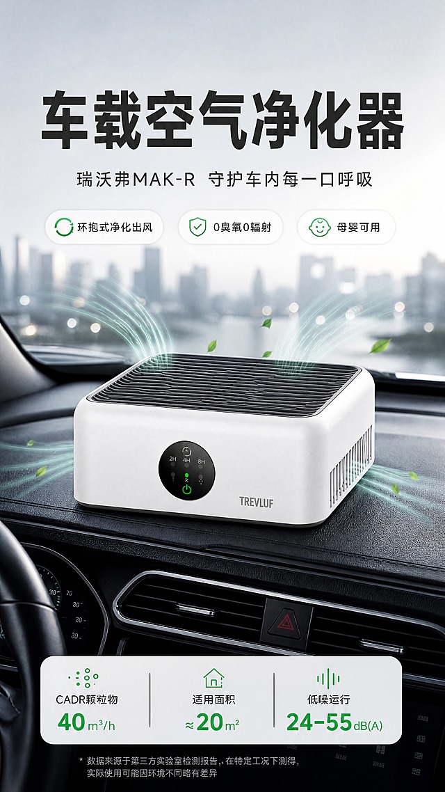 [商品] 使用【图1】瑞沃弗MAK-R车载净化器；保留白色方形机身、顶部灰色格栅吸风口、正面圆形数显控制面板（含2H/4H/8H定时标识）、TREVLUF品牌Logo、侧面出风格栅的结构与颜色，产品朝向与功能方向符合真实使用逻辑，顶部为进风面。
[画面] 目标：第1张硬核头图，突出车载净化核心价值与产品全貌，更新核心数据。构图：大标题压迫型竖版，上方主标题大字居中偏上，产品位于画面中部偏下，占画面约55%，放置在汽车中控台真实场景中，前挡风玻璃与车内内饰为背景，前景中控台纹理，中景产品，后景车窗外城市光影虚化；底部数据栏展示关键参数，阅读动线从上到下。
[视觉] 套系策略：风格=科技理性商业摄影风；标题字=现代无衬线粗黑体；正文字=简洁无衬线中黑体；主色=科技浅灰+白色；背景延展=基于浅灰做深浅层级、车内环境光影和细腻金属/玻璃质感；强调色=荧光青绿色，仅用于小面积图标、引线、数据标签和功能光效；标题色=深炭灰；正文色=中暖灰；组件=圆角浅底信息卡、细线引线、胶囊标签；光影=左前侧冷调柔光，产品顶部有微弱环境光反射。
[文字] 主标题"车载空气净化器"，副标题"瑞沃弗MAK-R  守护车内每一口呼吸"，中部3个卖点胶囊："环抱式净化出风"、"0臭氧0辐射"、"母婴可用"，底部数据栏3项："CADR颗粒物 40m³/h"、"适用面积 ≈20㎡"、"低噪运行 24-55dB(A)"，底部小字标注"数据来源于第三方实验室检测报告，在特定工况下测得，实际使用可能因环境不同略有差异"，文字位于画面上方和产品两侧，不遮挡产品主体和控制面板。
[规格] 图片比例9:16竖版，4K，避免变形、错字、文字过小、产品结构改变、颜色失真、冷蓝过度、白底孤立。