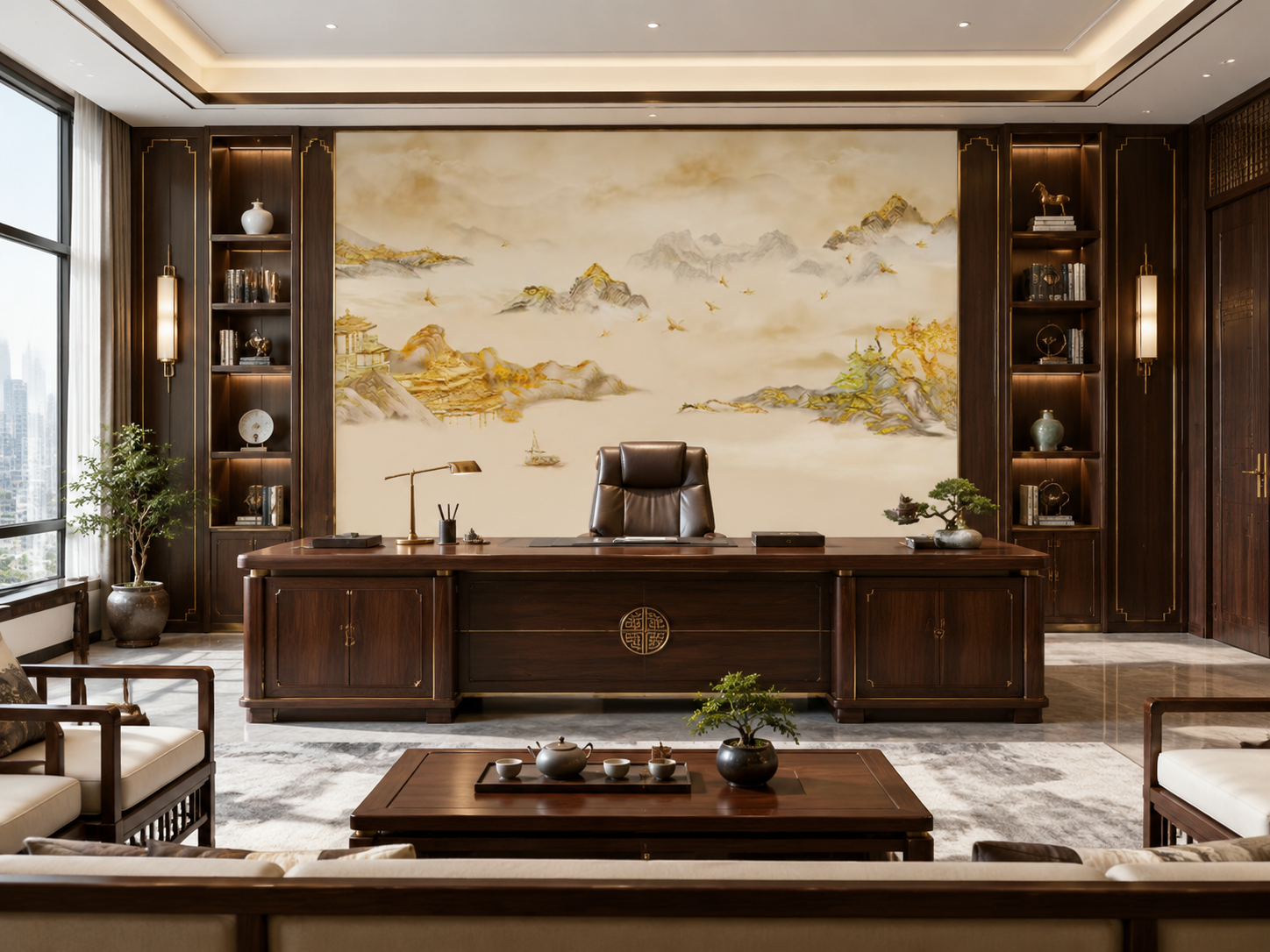 将这张金色楼阁山水刺绣硬包背景墙图安装到高端总裁董事长办公室的… - 图片创意预览