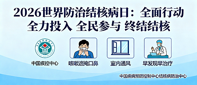 2026世界防治结核病日公益橱窗海报，主题为“全面行动 全力投入 全民参与 终结结核，设计风格正式权威，结合中国疾控中心结核病防治科普宣传，蓝色健康科普风格，包含咳嗽遮掩口鼻、室内通风，早发现早治疗的健康提示，整体醒目大标题，公益宣传海报设计